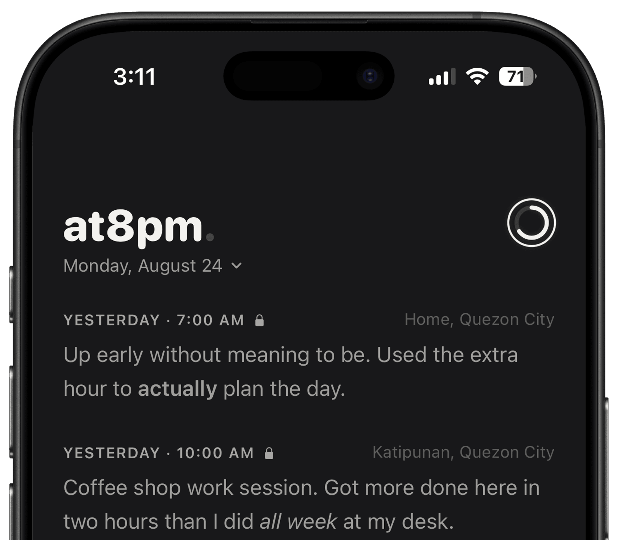 The at8pm journal app, showing a day's locked entries